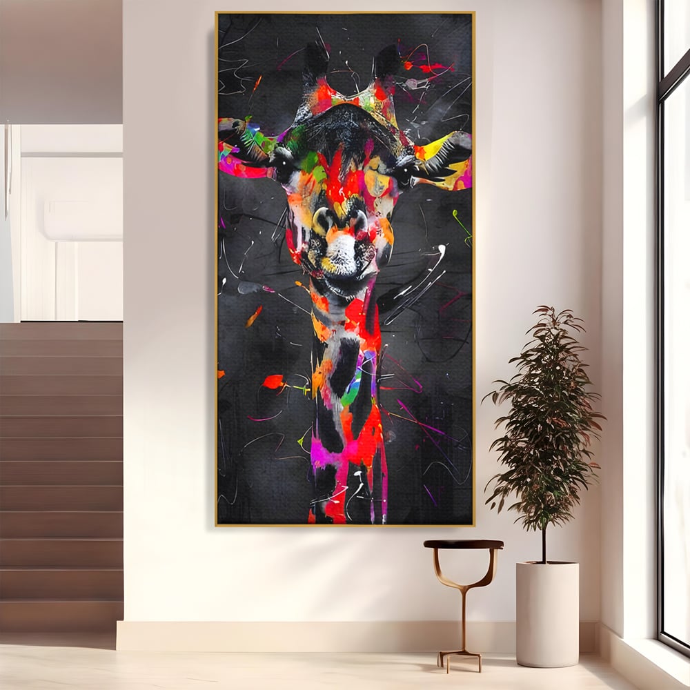 Tablou canvas cu tablou canvas cu girafa multicolor, in rama de aluminiu auriu